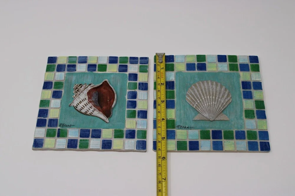 Vintage P Brent Sea Shell Mosaic Tile Wall Art Decor Plaques Conch Scallop 2